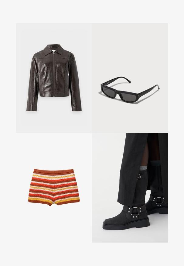 Donkerbruine faux krokodillenleren jas met voorrits, kraag, lange mouwen en ritszakken aan de zijkant.; Witte katoenen T-shirt met een rood kersenafbeelding en groene bladeren, korte mouwen en een ronde halslijn. Zachte textuur, casual ontwerp.; Gehaakte shorts met horizontale strepen in rood, oranje, geel en wit, met een effen bruine tailleband. Zachte, gestructureerde stof.; Zwarte enkellaarzen van leer met een matte afwerking, een vierkante neus en decoratieve gespen. De zool is chunky en textuur aangebracht.; Zwarte zonnebril met een rechthoekig montuur, met donkere glazen en dunne pootjes. Gouden accenten bij de scharnieren.