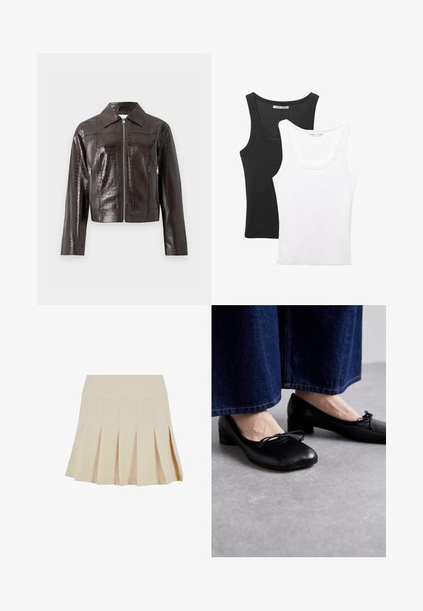 Dark brown faux crocodile leather jacket with front zipper, collar, long sleeves, and zippered side pockets.; Two tank tops displayed, one black and one white. Both have a ribbed texture and wide straps with a rounded neckline.; Beige pleated skirt with a fitted waistband, made of a smooth fabric. Features multiple vertical pleats and a straight hem.; Black leather shoes with a square toe and small heel, featuring a decorative bow on the front. Worn with dark denim trousers.