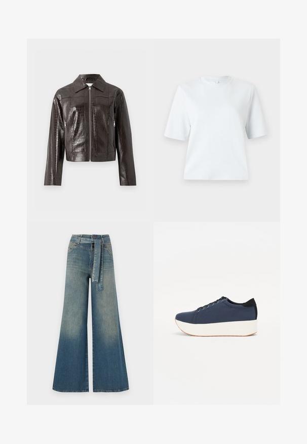 Chaqueta de cuero sintético de cocodrilo de color marrón oscuro con cremallera frontal, cuello, mangas largas y bolsillos laterales con cremallera.; Camiseta de manga corta azul claro hecha de suave algodón. Presenta un clásico cuello redondo y un corte relajado, sin patrones ni acentos.; Pantalones de mezclilla de pierna ancha con un degradado de azul claro a oscuro, cintura alta, trabillas para cinturón y un cinturón de tela a juego. Acabado de mezclilla texturizada.; Zapatilla de color azul marino con parte superior de tejido texturizado, suela de plataforma blanca, punta redondeada y acento en el talón negro. Cuenta con seis ojales para los cordones.