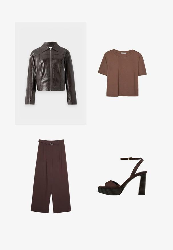 Giacca in ecopelle marrone scuro effetto coccodrillo con cerniera frontale, colletto, maniche lunghe e tasche laterali con cerniera.; Maglietta a maniche corte marrone realizzata in tessuto morbido, con scollatura rotonda e vestibilità rilassata. Nessun motivo o dettaglio visibile.; Stradivarius WIDE-LEG WITH BUCKLE DETAIL  - Pantaloni - dark brown; Sandal in camoscio marrone con tacco alto, punta aperta, cinturino alla caviglia regolabile e suola a piattaforma striata.