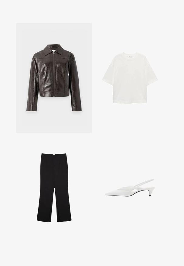 Dunkelbraune Kunstlederjacke im Krokodil-Look mit Frontreißverschluss, Kragen, langen Ärmeln und seitlichen Reißverschlusstaschen.; Weißes T-Shirt mit kurzen Ärmeln, Rundhals, lässiger Schnitt aus weichem Material. Keine Muster oder Akzente, mit einem Standard-Saum.; Schwarze Hose mit geradem Schnitt, ausgestattet mit Fronttaschen und Seitenschlitzen am Saum. Hergestellt aus weichem, glattem Stoff. Geeignet für verschiedene Anlässe.; Weißer Slingback-Absatzschuh mit spitzer Zehenpartie, featuring ein glattes Obermaterial, subtile Ausschnitte und einen niedrigen Blockabsatz. Die schwarze Sohle betont das Design.