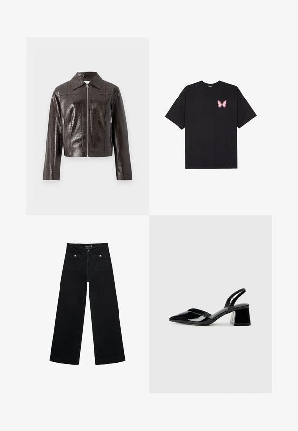 Dark brown faux crocodile leather jacket with front zipper, collar, long sleeves, and zippered side pockets.; Black cotton t-shirt with short sleeves, featuring a small pink butterfly graphic on the left chest. Crew neck design with a relaxed fit.; Black wide-leg jeans with a high waist, featuring two front pockets and metal button accents. The fabric has a smooth texture.; Black patent leather slingback heels with a pointed toe and a geometric block heel. Features a sleek, minimal design and smooth texture.