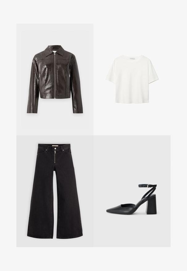Tamno smeđa faux krokodilska kožna jakna s prednjim patentnim zatvaračem, ovratnikom, dugim rukavima i bočnim džepovima sa zatvaračem.; Bijela majica kratkih rukava od pamuka. Ima okrugli izrez i opušteni kroj. Glatka tekstura bez vidljivih uzoraka ili naglasaka.; Široke traperice od crnog denima s prednjim zatvaračem, dizajnom s pet džepova i suptilnim detaljima šivanja. Glatka tekstura i ležeran stil.; Crne kožne cipele s špicastim vrhom, remenom oko gležnja i debelim potplatom. Ravna tekstura, elegantan dizajn i minimalistička estetika.