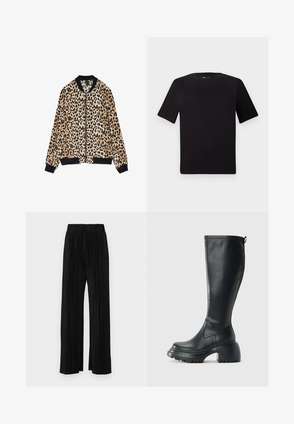 Jacke bombástica com padrão de leopardo, feita de tecido suave, apresentando um colarinho e punhos canelados pretos, com um fecho de zip frontal e texturas contrastantes.; T-shirt preta de mangas curtas com decote redondo, feita de tecido de algodão suave. Design simples, sem logótipos ou padrões visíveis.; Calças pregueadas pretas com uma cintura elástica. Apresentam pernas largas e um tecido liso, texturizado com riscas verticais.; Bota preta de couro alta com sola de plataforma robusta e salto bloco, apresentando puxador e padrão texturizado na sola.