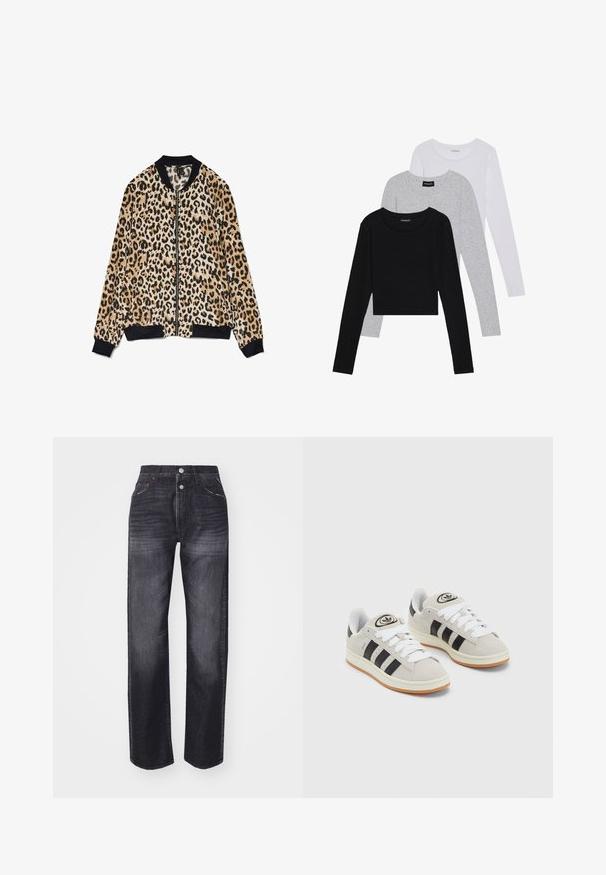 Leopard print bomber jacket made of soft fabric, featuring a black ribbed collar and cuffs, with a front zip closure and contrasting textures.; Three long-sleeve tops stacked: black, grey, and white. Each has a round neckline and a cropped design with smooth, lightweight fabric.; Dark denim jeans with a high waist, straight leg cut, five-pocket design, and metal button details. Faded pattern on fabric.; Gray suede sneakers with white laces, black stripes, and a white rubber sole. Features a circular logo on the tongue and a gum sole.