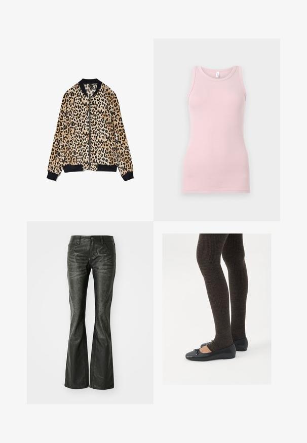 Leopardikuosis suoristusjakku pehmeästä kankaasta, jossa on musta ribbikavennettu kaulus ja hihansuut, etu vetoketjukiinnitys ja kontrastoivia tekstuureja.; Vaaleanpunainen tanktoppi, joka on valmistettu pehmeästä ja joustavasta kankaasta. Siinä on pyöreä pääntie ja kapeat olkaimet, sekä sileä pinta ja tyköistuva muoto.; Mustat tekonahkaiset levenevät farkut etutaskuilla, metallinappikiinnityksellä ja hieman teksturoituneella pinnalla. Suora lahje pitkällä leikkauksella.; Mustat matalat kengät, joissa on pieni nauha varpaissa, yhdistettynä tummanruskeisiin ribattuisiin sukkahousuihin. Kengissä on sileä pinta ja matala profiili.