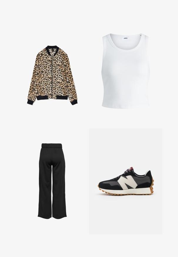 Chaqueta bomber de estampado de leopardo, hecha de tejido suave, con un cuello y puños de canalé negros, cierre frontal de cremallera y texturas contrastantes.; Top de tirantes blanco con canalé, con un cuello redondo, diseño sin mangas y largo corto. La etiqueta dice "JJXX". Textura de tela suave.; Pantalones negros de pierna ancha con cintura elástica, fabricados en un tejido suave. Presentan un diseño limpio sin bolsillos ni detalles de costura visibles.; Zapatillas de ante negras y grises con un gran logo "N" en color crema, cordones morados y una suela de goma texturizada en color marrón.