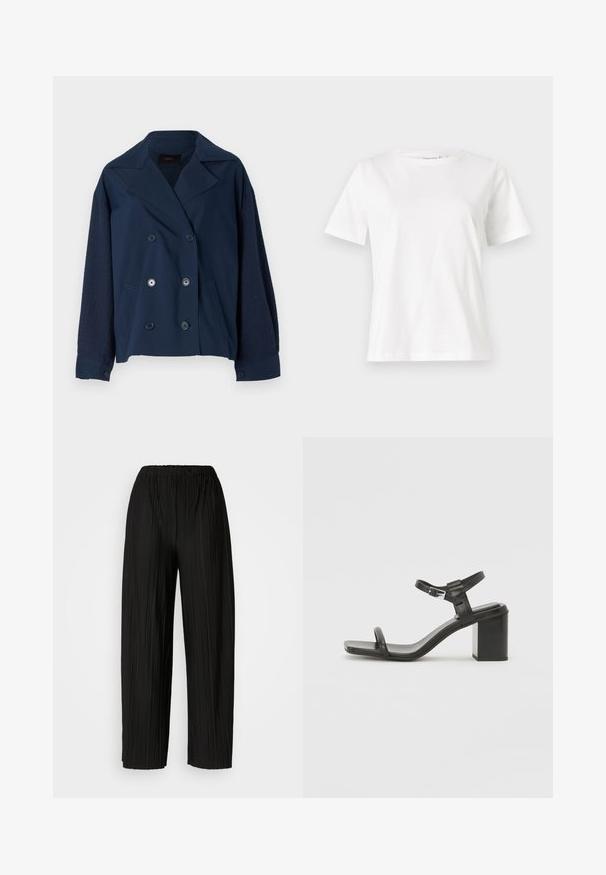 Marineblauwe dubbelgeknoopte blazer met een notch-kraag, voorzien van textuur gebreide mouwen, twee voorzakken en ronde zwarte knopen.; Witte katoenen t-shirt met korte mouwen, ronde halslijn en een ontspannen pasvorm. Gladde textuur, geen patronen of accenten, minimalistisch ontwerp.; Zwarte plooibroek met wijde benen en een elastische tailleband. De stof heeft verticale plooien en een gladde textuur.; Zwarte leren sandaal met blokhak, voorzien van een brede band over de tenen en een verstelbare enkelband, met een strakke, minimalistische uitstraling.