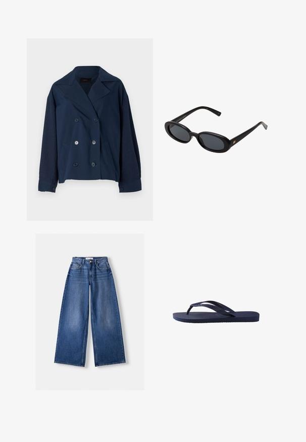 Giacca doppiopetto blu navy con revers, caratterizzata da maniche in maglia testurizzata, due tasche frontali e bottoni neri rotondi.; T-shirt bianca in cotone con maniche corte, scollatura a girocollo e vestibilità rilassata. Texture liscia e design semplice, senza motivi o dettagli.; Bershka WIDE-LEG - Wide Leg - dark blue; Infradito blu navy con cinturini e suola in gomma testurizzata, caratterizzati da un motivo ondulato sui cinturini e un plantare piatto e rigato.; Occhiali da sole neri oversize con lenti ovali, montatura in plastica liscia e accenti dorati sulle tempie. Le lenti scure offrono protezione dal sole.; Borsa a tracolla in pelle nera con scomparto principale con zip, tasca frontale, hardware in argento e tracolla regolabile. Texture liscia.
