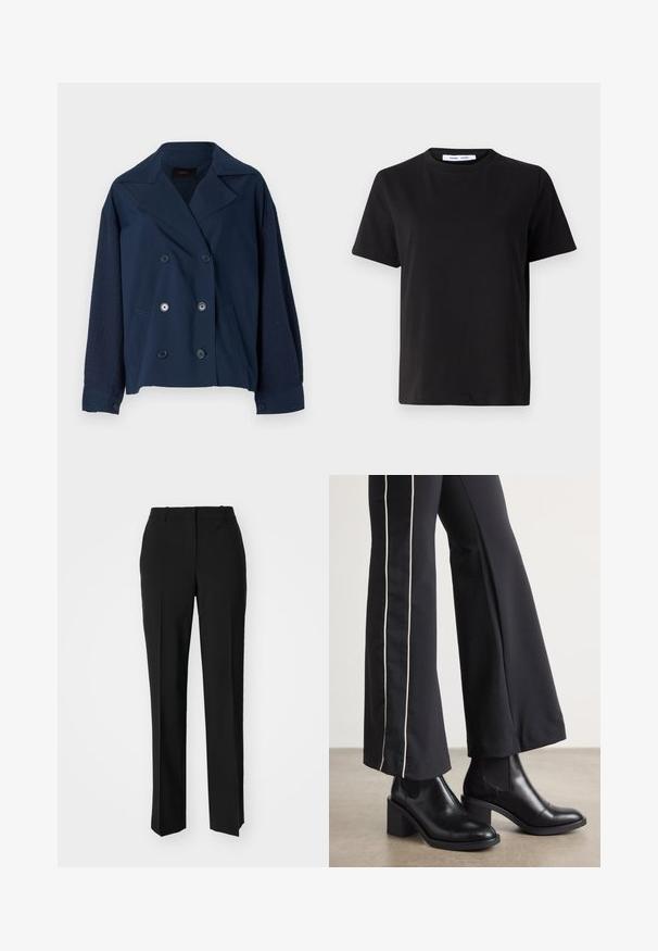 Marineblauwe dubbelgeknoopte blazer met een notch-kraag, voorzien van textuur gebreide mouwen, twee voorzakken en ronde zwarte knopen.; Zwart T-shirt met korte mouwen, gemaakt van zachte katoen, met een ronde hals, een ontspannen pasvorm en een gladde textuur. Geen zichtbare patronen of opdrukken.; Zwarte op maat gemaakte broek met een recht model, voorzien van een soepele textuur en scherpe plooien aan de voorkant. Geen zichtbare hardware.; Zwarte leren enkellaarzen met een blokhak, voorzien van elastische zijpanelen. Gecombineerd met zwarte broeken met een witte zijstreep.