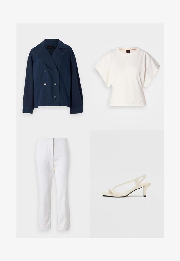 Granatowa dwurzędowa kurtka z wykładanym kołnierzem, z teksturowanymi dzianinowymi rękawami, dwoma przednimi kieszeniami oraz okrągłymi czarnymi guzikami.; Biała, krótka koszulka z szerokimi rękawami, wykonana z miękkiej bawełny, okrągły dekolt z delikatnym pomarańczowym wykończeniem, minimalistyczny design, bez wzorów i grafik.; Białe bawełniane spodnie o prostym kroju nogawki, z średnim stanem, bez widocznych elementów metalowych czy wzorów. Gładka tekstura na całej powierzchni.; Beżowe sandały na blokowym obcasie z cienkimi ramiączkami i kwadratowym noskiem. Gładki materiał z minimalną ilością detali, zaprojektowane z myślą o łatwym zakładaniu.