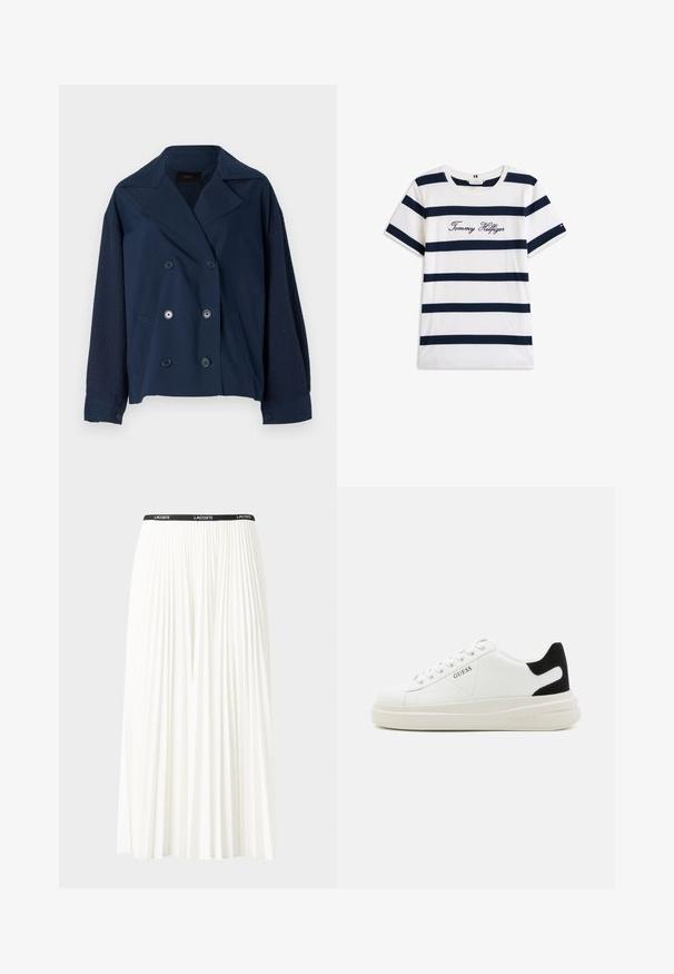 Veste bleu marine croisée avec un col cranté, dotée de manches en tricot texturé, de deux poches avant et de boutons ronds noirs.; T-shirt en coton avec des rayures horizontales bleu marine sur un fond blanc. "Tommy Hilfiger" brodé en écriture cursive sur la poitrine. Encolure ras du cou.; Jupe plissée blanche avec une taille élastique noire portant le logo "LACOSTE". Design mi-long avec une texture douce.; Baskets en cuir blanc avec une épaisse semelle blanche, un accent en daim noir au niveau du talon et un logo embossé sur le côté. Design à lacets avec six œillets.