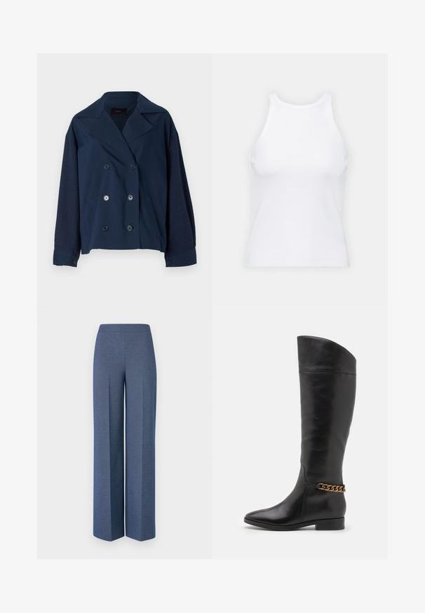 Giacca doppiopetto blu navy con revers, caratterizzata da maniche in maglia testurizzata, due tasche frontali e bottoni neri rotondi.; Top senza maniche bianco realizzato in tessuto a coste, caratterizzato da un collo arrotondato e una silhouette aderente, con cuciture minime e senza decorazioni.; Pantaloni a gamba larga in tessuto blu strutturato con una cintura liscia e linee di pieghe nette sul davanti, che mettono in evidenza un design sartoriale.; Alti stivali in pelle nera dal design elegante, punta affusolata e dettagli in catena dorata alla caviglia. Tacco a blocco basso. Texture liscia.