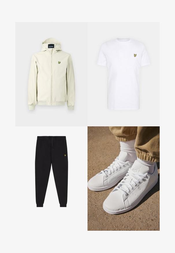 Helle beige hettejakke med glidelås, ribbestrikkede mansjetter og hem. Har et grønt brodert logo på venstre side. Glatt tekstur.; Valkoinen puuvillapaita, jossa on pieni musta ja keltainen brodeerattu logo vasemmassa rintapielessä. Lyhyet hihat ja pyöreä kaula-aukko.; Musta lenkkihousut, joissa on joustava vyötärönauha ja kiristysnauha, kapeutetut lahkeet kalvosimilla sekä pieni keltainen kirjailtu logo oikeassa reidessä.; Valkoiset nahkakengät, joissa on sileä pinta, klassinen nauhakiinnitys, reikärakenteet hengittävyyden parantamiseksi ja karkea kumipohja.