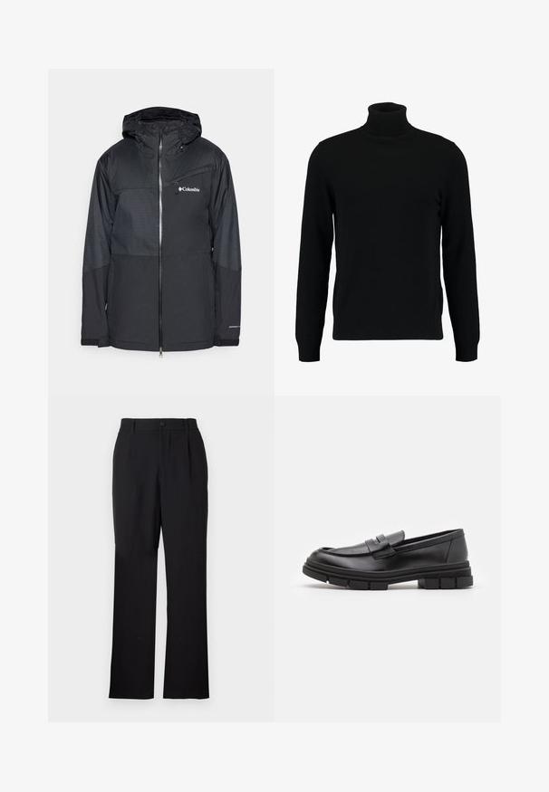 Svart vanntett jakke med hette, med glidelås foran, teksturerte øvre paneler og Columbia-logo på brystet. Justerbare mansjetter inkludert.; Svart høyhalset genser laget av et mykt strikkemateriale. Har lange ermer, ribbestrikket krage og hem. Enkel, elegant design uten mønstre.; Only & Sons ONSJEREMY LOOSE PANT - Bukse - black; Sorte skinnloafers med en glatt overflate, med et frontreim-detalj og en kraftig gummisåle med rillete detaljer.