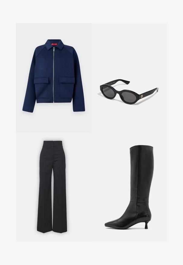 Marineblaue, kurze Jacke aus weichem Stoff, mit einem Reißverschluss vorne, spitzem Kragen und zwei großen aufgesetzten Taschen.; Schlichtes weißes Langarmshirt mit Rundhalsausschnitt, von hinten gezeigt, flach auf einem weißen Hintergrund ausgelegt.; Weite Hosen aus schwarzem Stoff mit hohem Bund, die eine saubere Verarbeitung und glatte Textur aufweisen. Keine sichtbaren Beschläge oder Muster.; Zign Stiefel - black; Schwarze ovale Sonnenbrille mit dunklen Gläsern und glänzendem Kunststoffrahmen. Mit goldenem Logo am Bügel, das ein elegantes und modernes Design bietet.