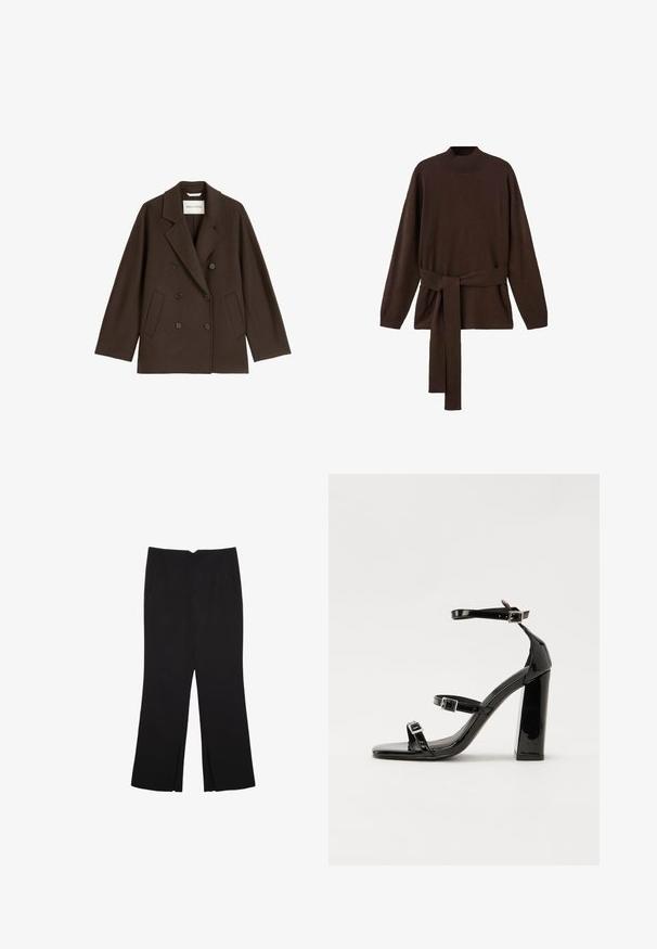 Brun dobbeltbrystet frakk med bred krave, to forlommer og sorte knapdetaljer. Fremstillet af et blødt, tekstureret materiale.; Brun strikket sweater med høj hals, lange ærmer og en matchende taljebind. Blød tekstur og afslappet pasform.; Sorte bukser med lige pasform, der har frontlommer og slidser i kanten. Lavet af blødt, glat stof. Velegnet til forskellige anledninger.; Sorte patenterede hælsandaler med firkantet tå, ankelremme og sølvspænder. Har en chunky blokHæl for stabilitet.