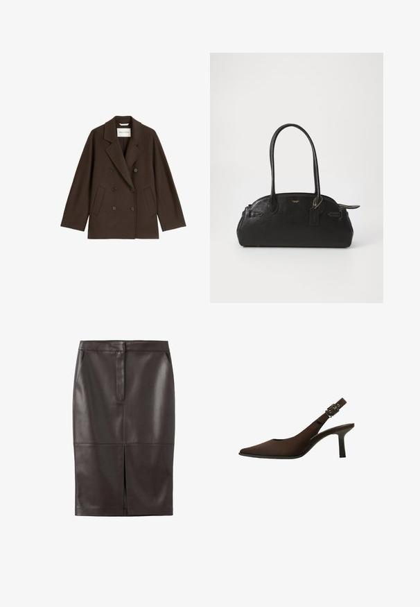Brun dobbeltbrystet frakk med bred krave, to forlommer og sorte knapdetaljer. Fremstillet af et blødt, tekstureret materiale.; Mørkebrun, let strikket sweater med rund halsudskæring, lange ærmer, ribkant i bunden og ved ærmerne, som har en glat tekstur og et minimalistisk design.; Brun læder blyant skirt med en glat overflade, frontsplit og to sidelommer; tætsiddende design med syninger.; Brune suede slingback stiletto med spids tå, slankt design, tynd hæl og en spændeaccent på ankelremmen.; Sort læderhåndtaske i rund form, med to lange håndtag, guldfarvet hardware og et lille mærke vedhæftet. Lynlåslukning på toppen.