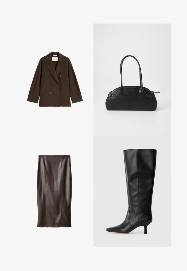 Hnedý dvojradový kabát s širokým golierom, dvoma prednými vreckami a čiernymi gombíkmi. Vyrobený z mäkkého, textúrovaného materiálu.; Tmavohnedý ľahký pletený sveter, okrúhly výstrih, dlhé rukávy, rebrovaný lem a manžety, s hladkou textúrou a minimalistickým dizajnom.; Hnedá kožená sukňa na ceruzku s hladkou textúrou, po kolená, s vertikálnymi švami pre dizajn. Bez ďalších kovových prvkov alebo akcentov.; Čierne kožené vysoké čižmy po kolená s špicatou špičkou, elegantným dizajnom a zúženým 7,5 cm podpätkom. Na zadnej strane je zlatý akcent.; Čierna kožená kabelka s okrúhlym tvarom, dvoma dlhými držadlami, zlatými kovovými prvkami a malou visačkou. Zips na vrchnej strane.