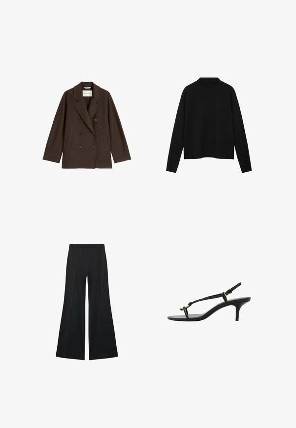Smeđi dvostruki kaput s širokim reverom, dva prednja džepa i crnim gumbima. Napravljen od mekog, teksturiranog materijala.; Crna rolka od mekanog materijala, s dugim rukavima i opuštenim krojem, s čistem, minimalističkim dizajnom.; Crne široke hlače s glatkom teksturom, koje imaju prednje nabore i kroj po mjeri. Tkanina je lagana i lepršava.; Crne kožne sandale s kitten heel potpeticama, tankim trakama, zlatnom kopčom i minimalističkom petom za prste, na bijeloj pozadini.