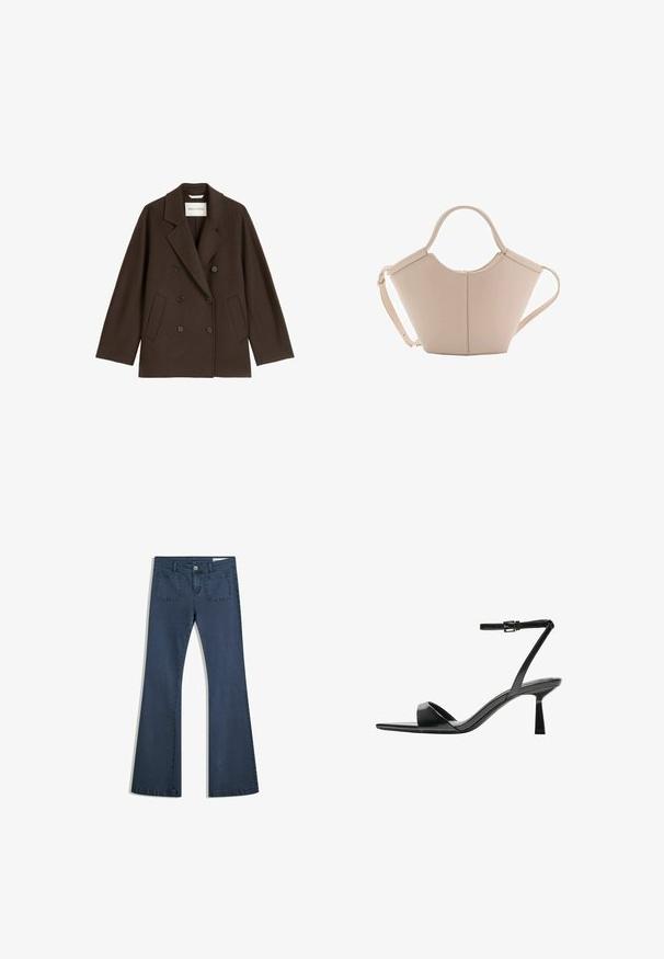 Bruine dubbelzijdige jas met een brede revers, twee voorkeurszakken en zwarte knoopaccenten. Gemaakt van een zachte, gestructureerde stof.; Donkergrijze korte mouwen gebreide trui met een ronde hals, met een losse pasvorm en raglanmouwen, gemaakt van een zachte, gestructureerde stof.; Donkerblauwe flare jeans van denim met gestikte zakken, een knoopsluiting en een soepele textuur. Beschikt over een klassieke vijfzakkenontwerp.; Bershka Sandalen met hoge hak - black; Beige leren handtas met een unieke vorm, voorzien van twee korte handvatten en een lange verstelbare schouderriem. Glad oppervlak met minimale hardware.