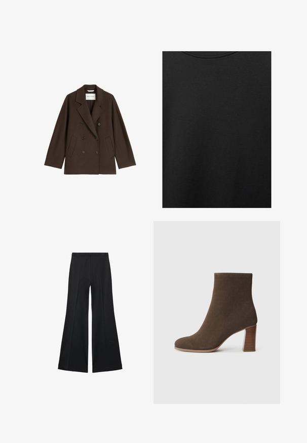 Brun dobbeltbrystet frakk med bred krave, to forlommer og sorte knapdetaljer. Fremstillet af et blødt, tekstureret materiale.; Sort bomuldsstof med glat struktur og rund halsudskæring, prydet med et subtilt, jævnt kornmønster. Ingen synlige logoer eller accenter.; Sorte brede bukser med en glat tekstur, der har fremadrettede folder og en skræddersyet design. Stofferne er lette og flerdimensionelle.; Brune ruskinds ankelstøvle med rund tå og en stablet, tekstureret hæl. Glat overflade uden synlige lukninger eller udsmykninger.