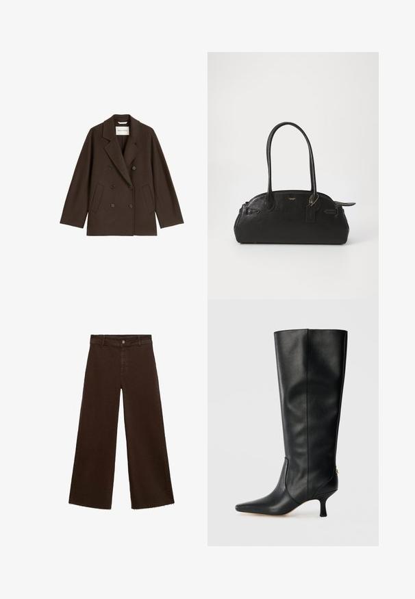 Brun dobbeltbrystet frakk med bred krave, to forlommer og sorte knapdetaljer. Fremstillet af et blødt, tekstureret materiale.; Brun langærmet bodysuit med firkantet udskæring og trykknaplukninger ved skridtet, lavet af et glat, strækbart stof.; Brune viddebukser i en bomuldsblanding, med en frynset kant, frontknaplukning og klassisk fem-lomme design. Minimalistiske og alsidige.; Sorte læderknæhøje støvler med spids tå, slankt design og en smal 3-tommer hæl. Har en guldfarvet detalje bagpå.; Sort læderhåndtaske i rund form, med to lange håndtag, guldfarvet hardware og et lille mærke vedhæftet. Lynlåslukning på toppen.