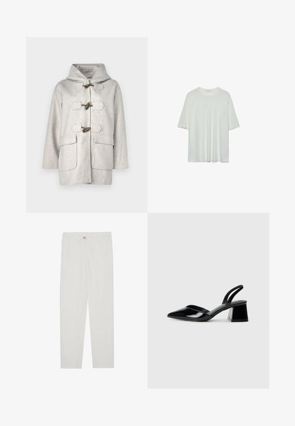 Helle graue Wolljacke mit Kapuze, Knopfverschlüssen, zwei großen Fronttaschen und genähten Details entlang der Kanten.; Weißes Kurzarm-T-Shirt, runder Halsausschnitt, weicher Baumwollmischstoff, lockere Passform, nahtsaum, minimalistisches Design ohne Verzierungen.; Weisse, maßgeschneiderte Hosen mit geradem Bein, die über einen Knopfverschluss, Gürtelschlaufen und Seitentaschen verfügen; glatte Stoffoberfläche.; Schwarze Lackleder-Slingback-High Heels mit spitzem Schuh und einem geometrischen Blockabsatz. Verfügt über ein schlankes, minimalistisches Design und eine glatte Textur.