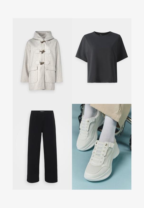 Világosszürke gyapjú kabát kapucnival, toggles záródással, két nagy elülső zsebbel és varrott részletekkel a széleken.; Fekete pamut póló, rövid ujjú, kerek nyakkivágású, laza szabású, sima textúrájú, egyszerű design, minta vagy kiegészítők nélkül.; Fekete, bő szárú nadrág, elasztikus derékkal. Texturált anyagból készült, laza szabású, egyenesen vágva a csípőtől a szegélyig.; Fehér sportcipők, amelyek hálós anyagból készültek, gumitalpúak, fűző nélküli kialakítással, rugalmas pántokkal és arany színű kiegészítőkkel rendelkeznek.