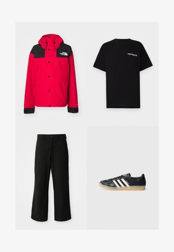 Rød vanntett jakke med svart yoke, justerbar hette, trykknapper og teksturert stoff. Logo vist på øvre venstre bryst.; Svart bomulls-T-skjorte med korte ermer, rund hals og hvit "Carhartt"-logo på venstre bryst. Glatt tekstur, minimalistisk design.; Sorte vide bukser laget av mykt stoff, med fork pockets og knappestolpe i midjen. Minimalistisk design uten synlige mønstre.; Svart sportssko med hvite striper, strukturert stoff, glatt skinnsnute og såle av gummigummi. Har logo på tungen.