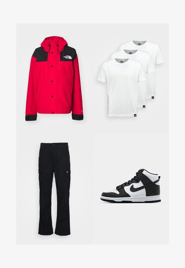 Piros vízálló dzseki fekete betéttel, állítható kapucnival, patentos rögzítéssel és textúrált anyagból. A logó a bal felső mellrészen látható.; Három sima fehér pamut póló rövid ujjakkal. Mindegyik pólón kerek nyakkivágás található, és a bal oldalon egy kis fekete logó címke van.; Fekete cargo nadrág egyenes szabású dizájnnal, tartós anyagból készült, oldalzsebekkel és bal oldalon egy foltlogóval.; Fekete-fehér magas szárú sneaker bőr felsőrésszel, perforált orr résszel, kiemelkedő pántlogóval és texturált gumitalppal.