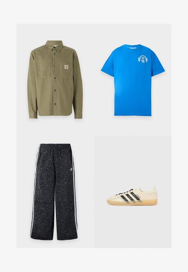 Oliveza zaļa krekla jaka, kas izgatavota no kokvilnas, ar pogu priekšpusi, divām krūšu kabatām un mazu logotipa uzlīmi kreisajā kabatā.; Zila kokvilnas T-krekls ar īsām piedurknēm. Priekšpusē ir balts grafiskais dizains, kurā attēlots varonis ar austiņām un arku.; adidas Originals GRAPHIC UNISEX - Treniņtērpa apakšdaļas - black; Gaiši krēms sporta apavi ar melnu trīs svītru dizainu, teksturētu augšējo daļu, noapaļotu purngaliem un gumijas zoli. Iespējas ietver auklas un zīmolu sānos.