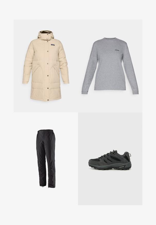 Palton de iarnă bej, lungime până la genunchi, căptușit, cu glugă, nasturi cu clips pe față și două buzunare mari în față.; Patagonia LOGO RESPONSIBILI-TEE - Bluză cu mânecă lungă - gravel heather; Pantaloni impermeabili negri cu talie elastică, buzunare laterale cu fermoar, picioare conice și textură netedă. Potriviți pentru activități în aer liber.; Columbia REDMOND - Pantofi drumeție - black/citron haze
