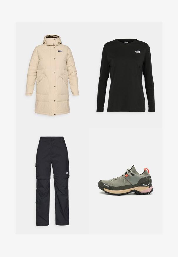 Béžový zimný kabát s výplňou po kolená, s kapucňou, so zapínaním na cvoky vpredu a dvoma veľkými prednými vreckami.; Čierne tričko s dlhým rukávom vyrobené z bavlny s okrúhlym výstrihom. Obsahuje malé biele logo na ľavej strane hrudníka. Jednoduchý dizajn a strih.; Čierne nylonové cargo nohavice s odnímateľnými nohavicami, nastaviteľnými manžetami, viacerými vreckami a logom na pravej nohe. Hladká, ľahká textúra.; Ľahká zelená turistická obuv so sieťovinou a gumovými materiálmi, čiernou trakčnou podrážkou, ružovými a oranžovými akcentami a zosilnenou špičkou.