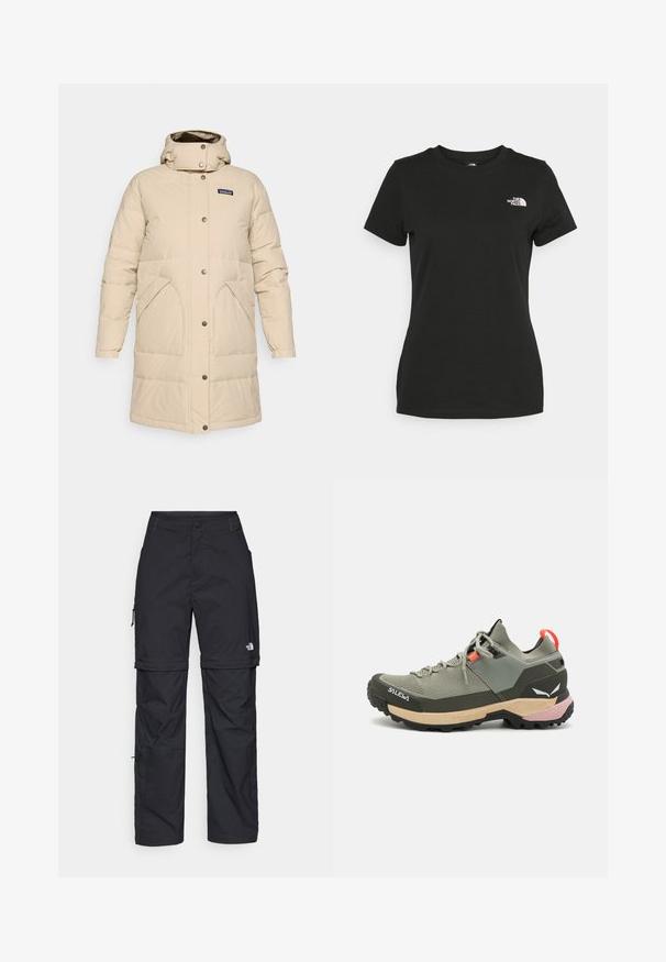 Bežs līdz ceļiem pildīts ziemas mētelis ar kapuci, ar uzsnapojamiem pogām priekšpusē un divām lielām priekšējām kabatām.; Melnas kokvilnas T-krekls ar apaļu kakla izgriezumu un īsām piedurknēm. Ievērojams balts logo kreisajā augšējā pusē. Gluda tekstūra, brīvā piegriezumā.; Melni nailona bikses ar noņemamām kājām, regulējamiem uzmavām, vairākām kabatām un logotipu uz labās kājas. Gluda, viegla tekstūra.; Gaisais zaļais pārgājienu apavi ar sietveida un gumijas materiāliem, melna saķeres ziņķis, rozā un apelsīnu akcenti, kā arī pastiprināts purngals.