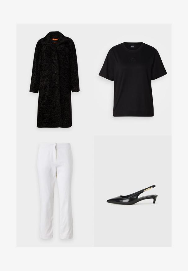Casaco preto de lã com uma superfície texturada e felpuda. Apresenta um colarinho, mangas longas e botões pretos na frente. Forrado com tecido laranja por dentro.; T-shirt de algodão preto com decote redondo, mangas curtas e um logótipo bordado no peito. Corte simples e descontraído, sem padrões.; Calças de algodão brancas com um design de perna reta, apresentando uma cintura de altura média e sem hardware ou padrões visíveis. Textura suave por toda a peça.; Saltos slingback em couro preto com bico fino, apresentando um salto esguio e um detalhe em tom dourado na alça ajustável. Textura suave.