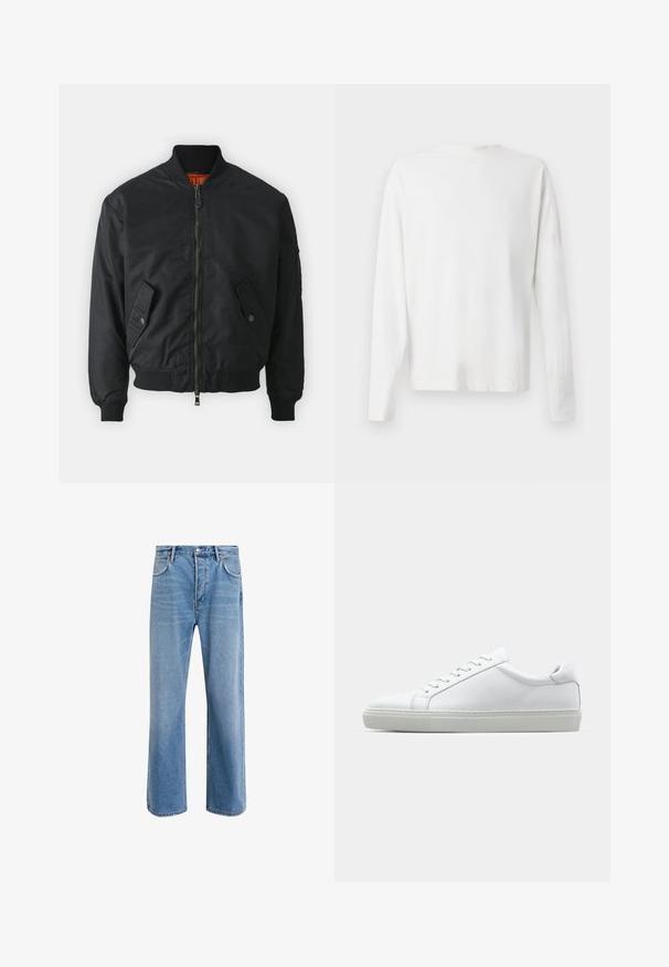 Črna bomberska jakna z zadrgo spredaj, ribanim ovratnikom in manšetami, stranskima žepoma ter oranžno notranjo oblogo. Gladka, mat tekstura.; Bela bombažna srajca z dolgimi rokavi in okroglo ovratnikom, z bočnimi razporki na dnu in gladko teksturo, prikazana s hrbtne strani.; Svetlo modre denim kavbojke s ravno nogavico, petimi žepi, z gumbom za zapiranje, minimalnim zbledelostjo in kontrastnimi šivi.; Bela športna obutev z gladkim usnjenim zgornjim delom in nizkim profilom. Ima zaokrožen nos, šest lukenj za vezalke in teksturiran gumijast podplat.
