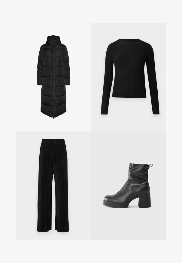 Černý, dlouhý, prošívaný pufrový kabát s kapucí, má přední zip a velké polstrované panely pro izolaci. Hladká textura.; Černý žebrovaný dlouhý rukáv těsně padnoucí svetr s kulatým výstřihem, vystavený na jednoduchém světlém pozadí.; Černé plisované kalhoty s elastickým pasem. Mají široké nohavice a hladkou, strukturovanou tkaninu s vertikálními pruhy.; Černé kotníkové boty vyrobené z hladké kůže, s bočním zipem, robustním strukturovaným podpatkem a kulatou špičkou.