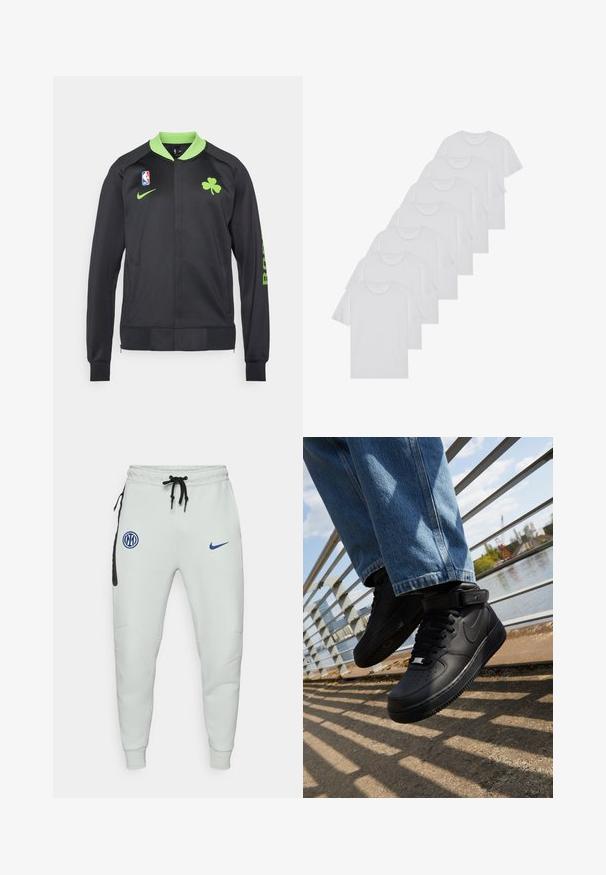 Chaqueta deportiva negra con un cuello verde, que presenta un logo de trébol, un emblema de la NBA y el estampado "BOSTON" en la manga. Hecha de una tela suave.; Camisetas de algodón blancas, de manga corta, con diseño de cuello redondo, textura lisa, apiladas en una fila, con un sutil logo en el cuello.; Pantalones de chándal gris claro hechos de una tela suave, con un bolsillo adicional negro, parches de logo azul, cinturilla ajustable con cordón y puños ajustados.; Zapatillas Nike Air Force 1 negras con parte superior de cuero, lengua de malla y suela de goma, que presentan un diseño de caña alta y cordones gruesos.