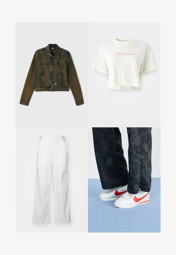 Nahasin denim jakk, mis värvitoonis oliiviroheline, millel on tõmbluku ees, klassikaline krae ja kaks rinnataskut, mille vasakul pool on logopatch.; Lühendatud, kreemjas värvi t-särk, mis on valmistatud puuvillast. Omab roosa tikandiga logot, millel on kiri "Nike Sportwear". Lühikesed varrukad ja ümmargune kaelus.; Valged laiad püksid, mis on valmistatud puuvillast, omavad siledat tekstuuri, sirget lõiget, eesmine taskud ja puhtad äärised.; Valged Nike tennisjalanõud punaste akentidega, kombineeritud mustade püksidega, millel on lilleline muster. Tekstuur on sile ja tallal on lame punutis.