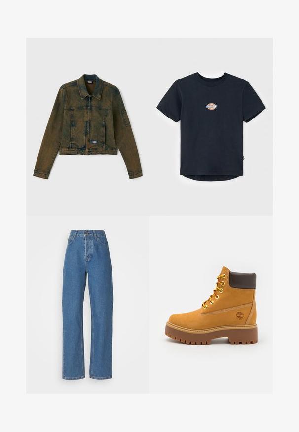 Džínová bunda ve vybledlé olivové barvě, s předním zipem, klasickým límcem a dvěma hrudními kapsami s logem na levé straně.; Černé bavlněné tričko s krátkými rukávy, kulatým výstřihem a malým barevným logem na hrudi. Rovný lem, který je vzadu o něco delší.; Džíny s vysokým pasem, rovného střihu, modré barvy s vybledlým vzhledem. Obsahují pět kapes, zapínání na knoflík a jemné detaily prošívání.; Hnědé voděodolné kotníkové boty s pevnou gumovou podrážkou, kulatou špičkou, hnědým koženým límcem, žlutými tkaničkami a logem na boku.