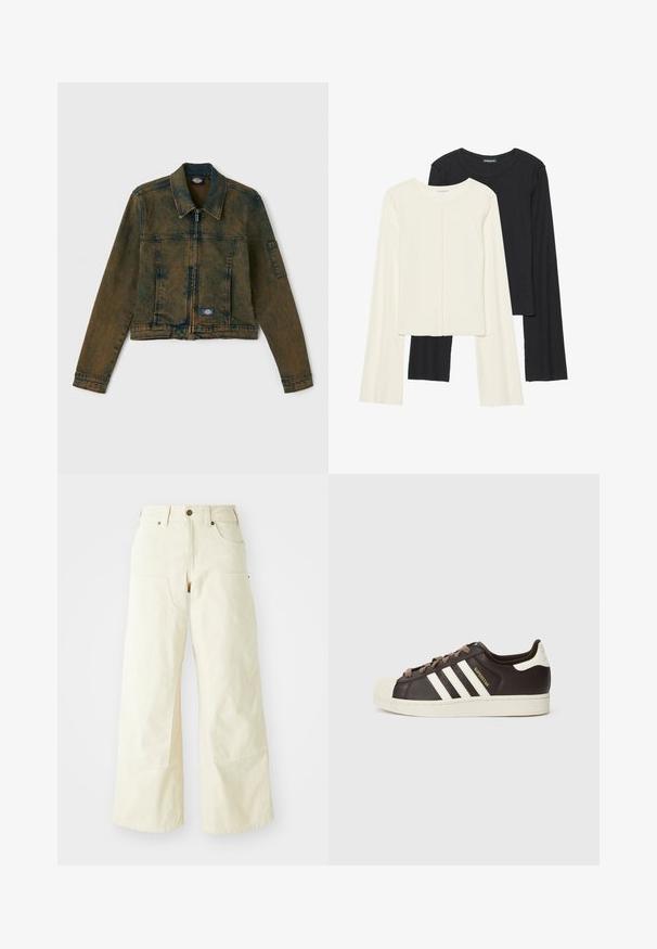 Denim jacket in a faded olive green color, featuring a zip front, classic collar, and two chest pockets with a logo patch on the left side.; Set of two long-sleeve tops in white and black. Ribbed texture, round neck, fitted design with slightly flared sleeves.; Beige wide-leg pants made of cotton, featuring a high waist, large front pockets, and a smooth texture with minimal stitching detail.; Low-top Adidas Superstar sneaker in dark brown leather with cream shell toe, white stripes, and "Superstar" text on the side.