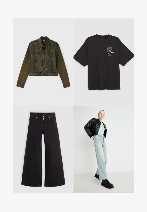 Jachetă din denim de culoare verde măslinie estompat, cu fermoar în față, guler clasic și două buzunare la piept cu un patch logo pe partea stângă.; Tricou din bumbac negru cu mâneci scurte, având un grafic al unei mâini și textul "Levi's LA LUNE" în alb pe zona stângă a pieptului.; Jeans cu picioare largi din denim negru, cu fermoar în față, design cu cinci buzunare și detalii subtile de cusătură. Textură netedă și stil casual.; Jachetă bomber din piele neagră, cămașă verde mentă, blugi evazați de culoare albastru deschis și pantofi negri cu șireturi, pe un fundal minimal.