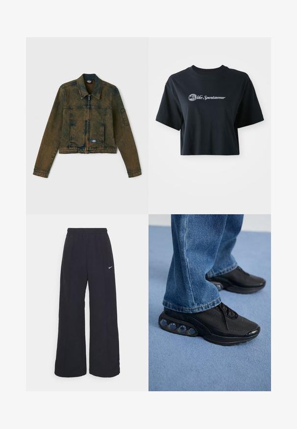 Denimjakke i en falmet olivengrønn farge, med glidelås foran, klassisk krage og to brystlommer med et logo-merke på venstre side.; Kuttet svart bomull t-skjorte med korte ermer, med hvit tekst "Vice Sportswear" og en sirkulær grafikk på fronten.; Svarte vide bukser med elastisk linning og en liten hvit Nike-logo. Stoffet har en glatt tekstur, designet for komfort og uformell bruk.; Svart treningssko med mesh-overdel, teksturerte detaljer og synlige luftputepoder i sålen. Bærer med blå denimjeans.