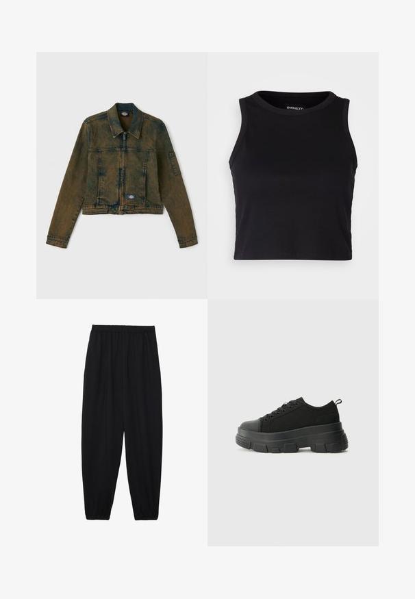 Džinsu jaka iz izbalināta olīvzaļa krāsā, ar rāvējslēdzēju priekšā, klasisku apkakli un divām krūšu kabatām ar logo plāksteri kreisajā pusē.; Melna ribota īsā topa ar apaļu kakla izgriezumu un bez piedurknēm. Izgatavota no mīksta, elastīga auduma, ar tīrām apgrieztām malām.; Melnas, vieglas bikses ar elastīgu jostu un savilktiem potītiem. Audums ir gluds un to raksturo brīva, sašaurināta forma.; Melnas kedas ar masīvu gumijas zoli, teksturētu auduma augšdaļu, apaļu purngalu un saistīšanas dizainu. Iekļautas pastiprinātas acs atveres un aizmugurējais cilpiņas siksniņa.
