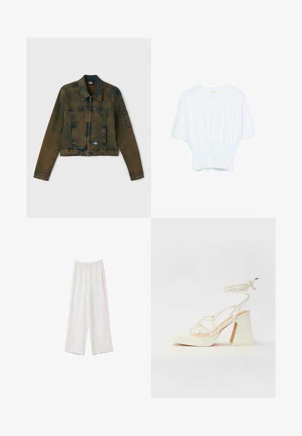 Denimová bunda vo vyblednutej olivovo zelenej farbe, so zipsom vpredu, klasickým golierom a dvoma náprsníkmi s logom na ľavej strane.; Biela krátka T-shirt s voľným strihom a zlaceným textúrou v oblasti pása. Vyrobená z mäkkého, ľahkého materiálu.; Biele široké nohavice vyrobené z ľahkej tkaniny. Obsahujú elastický pás so sťahovacou šnúrkou a bočné vrecká. Hladká textúra.; Biele sandále na vysokom opätku s hrubým podpätkom, s pruhovaným dizajnom a viazaním na členku. Hladký povrch s platformou vpredu pre zvýšenú výšku.