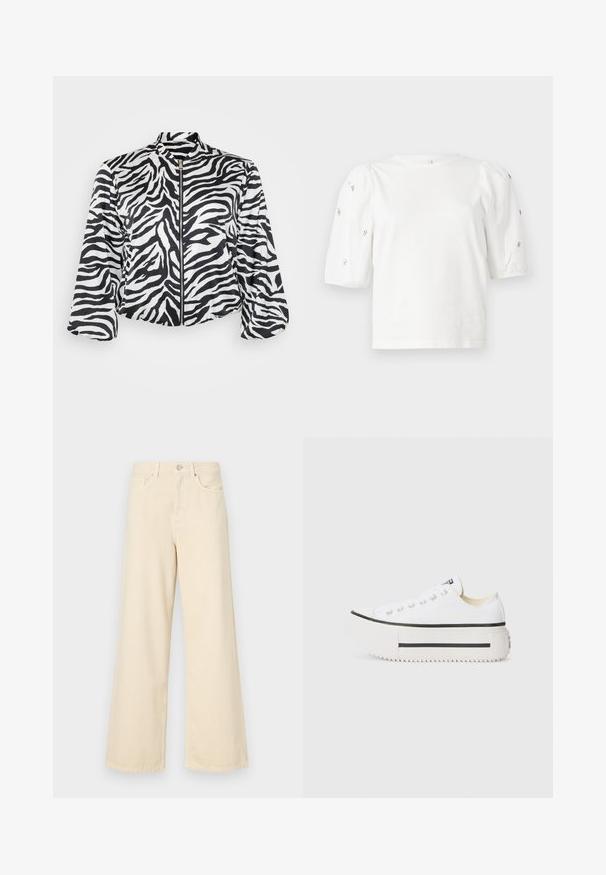 Crna i bijela skraćena jakna sa uzorkom zebre, s uspravnim ovratnikom i prednjim zatvaračem. Napravljena od lagane, glatke tkanine.; Bijela pamučna majica s kratkim puf rukavima, s malim srebrnim ukrasima duž rukava. Klasičan okrugli izrez, opušteni kroj.; Bež traperice širokih nogavica napravljene od pamuka. Imaju zatvaranje na dugme, petlje za remen i prednje džepove s glatkom, mekanom teksturom.; Bijele platfomske tenisice od platna s crnom gumiranom podlogom, okruglim vrhom i metalnim rupama za vezivanje, s jednostavnim, urednim dizajnom.
