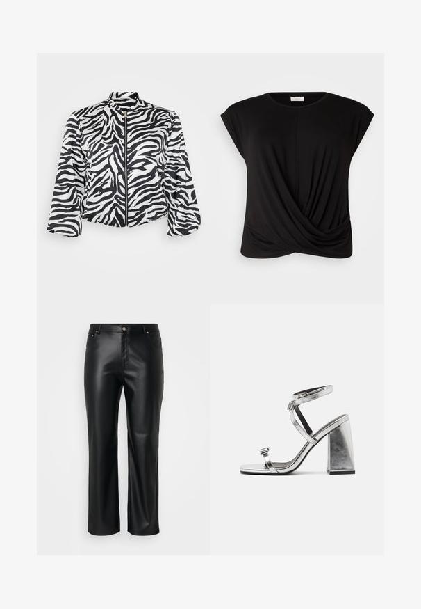 Mustvalge lühendatud jakk, millel on sebra muster, varustatud kõrge krae ja esiseipriiga. Valmistatud kergest, siledast kangast.; Mustmustelang mustal t-särk ümmarguse kaeluse, lühikeste varrukate ja keeratud esiosaga, mis lisab tekstuuri. Valmistatud pehmest ja venivast kangast.; Mustast kunstnahast püksid sirge lõikega, millel on vöökohad, ees taskud ning lukuga sulgemine, millel on nööp. Sujuv tekstuur.; Metallilised hõbedased kõrge kontsaga sandaalid, millel on pahkluu rihmad, ruudukujulised plokknõelad ja minimalistik disain. Siledad tekstuur ja voolujooneline siluett.