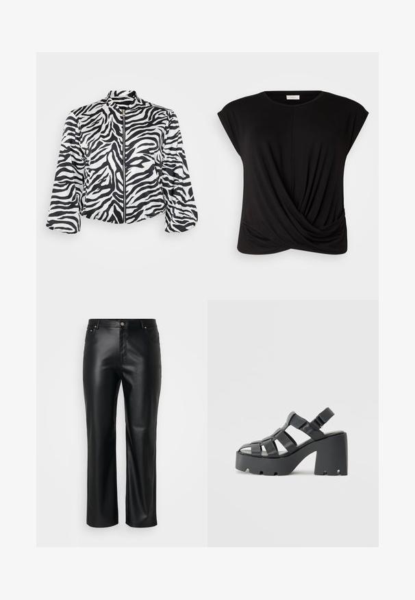 Čierno-biela skrátená bunda so zebrovým vzorom, s stojacím golierom a predným zipsom. Vyrobená z ľahkej, hladkej tkaniny.; Čierne tričko s okrúhlym výstrihom, rukávmi po pleciach a prekrúteným predným detailom pre zvýraznenie textúry. Vyrobené z jemnej, elastickej látky.; Čierne nohavice z imitácie kože so strihom do priamky, vybavené pútkami na opasok, prednými vreckami a zipsom s gombíkovým zapínaním. Hladká textúra.; Čierne platformové sandále s robustným podpätkom, širokými remienkami, otvorenou špičkou, nastaviteľným remienkom okolo členka a textúrovanou základňou.