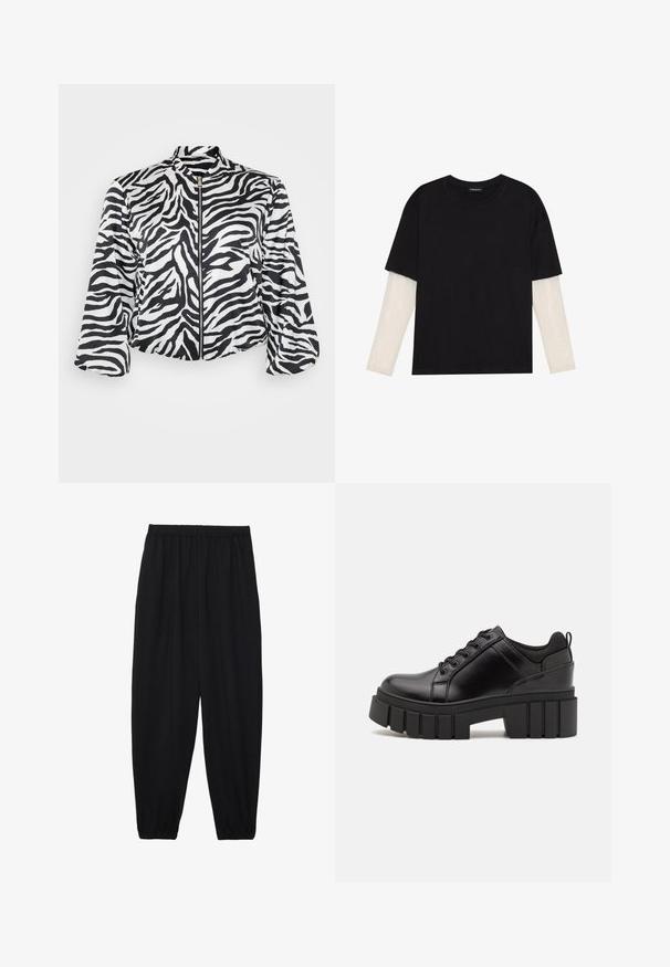 Mustvalge lühendatud jakk, millel on sebra muster, varustatud kõrge krae ja esiseipriiga. Valmistatud kergest, siledast kangast.; Mustmust särk, mis on valmistatud puuvillast, lühikeste varrukatega, valge pika varrukaga kihi peal, millel on peene tekstuuriga muster. Ümar kaelus.; Mustad, kerge kangas püksid elastse vöökoha ja kokku volditud pahkluudega. Kanga pind on sile ja disain on lõdvestunud, kitsenev.; Must musta platvormsussid paksu plokkninal, ümmarguse varbaga ja traditsioonilise nööridega kinnitamisega. Sussid on sileda tekstuuriga ja minimaalsete detailidega.